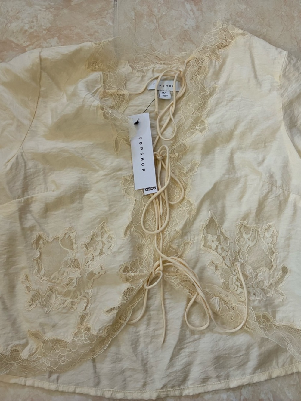 NEW Topshop Pale Cream Lace-Trim Tie-Front Top